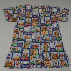 COTTONALITY SUNFLOWER BEAR DOG BUTTON UP SMALL WOMENS SCRUB UNIFORM SHIRT H1220